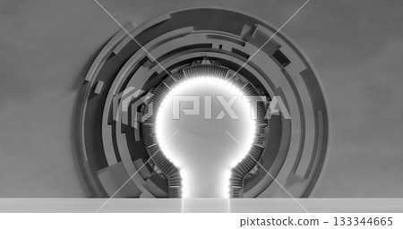 3d rendering. Empty light white studio room futuristic Sci Fi big hall room with lights white, Future background for design. 3d rendering. Empty light white studio room futuristic Sci Fi big hall room with lights white, Future background for design. 133344665