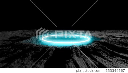 3d rendering. A meteorite crater on the surface of a satellite, moon or planet in circle neon light. Procedurally generated crater texture. 133344667