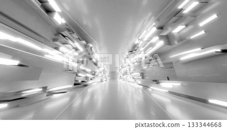 3d rendering. A corridor made of light marble with decorative elements on the wall extending into the distance. 133344668