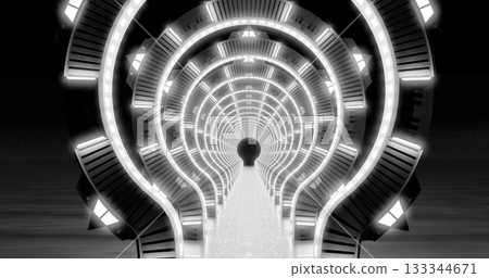 3d rendering. A row of futuristic sci-fi arches with white neon lighting in a dark marble hall. 3d rendering. A row of futuristic sci-fi arches with white neon lighting in a dark marble hall. 133344671