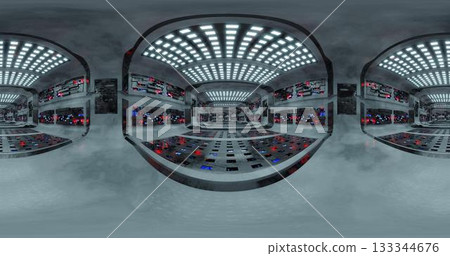 3d rendering. HDRI environment map. 360 degree spherical seamless vr panorama. Abstract empty t interior of spacecraft or station corridor with neon lighting. 3d rendering. HDRI environment map. 360 degree spherical seamless vr panorama. Abstract empty t interior of spacecraft or station corridor with neon lighting. 133344676
