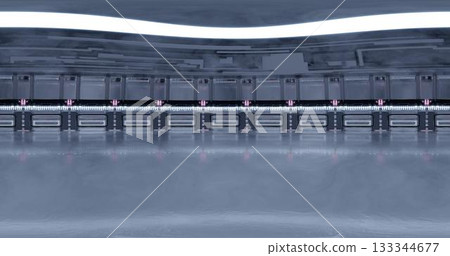 3d rendering. HDRI environment map. 360 degree spherical seamless vr panorama. Abstract empty t interior of spacecraft or station corridor with neon lighting. 133344677