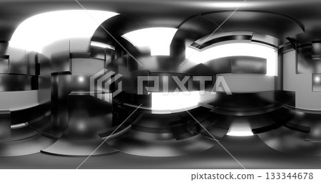 3d rendering. HDRI environment map. 360 degree spherical seamless vr panorama. Abstract empty t interior with abstract rectangular decorative elements with neon lighting. 133344678