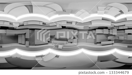 3d rendering. HDRI environment map. 360 degree spherical seamless vr panorama. Abstract empty t interior with abstract rectangular decorative elements with neon lighting. 3d rendering. HDRI environment map. 360 degree spherical seamless vr panorama. Abstract empty t interior with abstract rectangular decorative elements with neon lighting. 133344679
