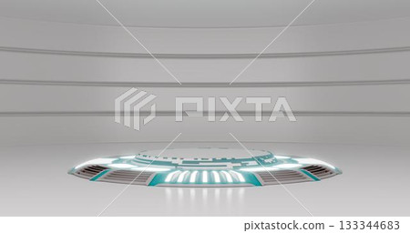 3d rendering. A large white room is a studio with a futuristic sci-fi platform in the center, illuminated by neon lamps from above and below. Background for your mockup. 3d rendering. A large white room is a studio with a futuristic sci-fi platform in the center, illuminated by neon lamps from above and below. Background for your mockup. 133344683
