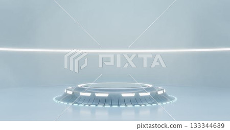 3d rendering. A large white room is a studio with a futuristic sci-fi platform in the center, illuminated by neon lamps from above and below. Background for your mockup. 3d rendering. A large white room is a studio with a futuristic sci-fi platform in the center, illuminated by neon lamps from above and below. Background for your mockup. 133344689