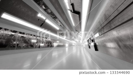 3d rendering. A corridor made of light marble with decorative elements on the wall extending into the distance. 3d rendering. A corridor made of light marble with decorative elements on the wall extending into the distance. 133344690