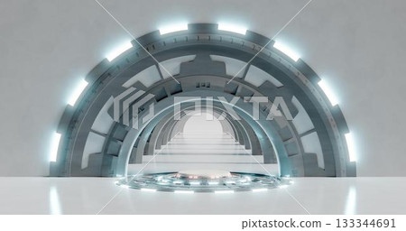 3d rendering. A large white room is a studio with a futuristic sci-fi platform in the center, illuminated by neon lamps from above and below. Background for your mockup. 3d rendering. A large white room is a studio with a futuristic sci-fi platform in the center, illuminated by neon lamps from above and below. Background for your mockup. 133344691