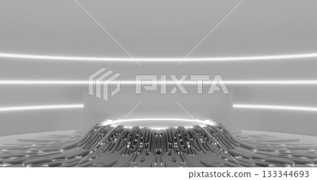 3d rendering. A large white room is a studio with a futuristic sci-fi platform in the center, illuminated by neon lamps from above and below. Background for your mockup. 3d rendering. A large white room is a studio with a futuristic sci-fi platform in the center, illuminated by neon lamps from above and below. Background for your mockup. 133344693