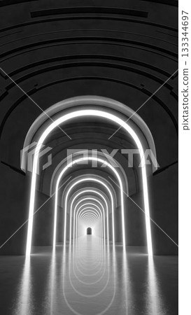 3d rendering. Marble corridor with columns stretching into the distance with neon lights on the sides. Background for your design. 3d rendering. Marble corridor with columns stretching into the distance with neon lights on the sides. Background for your design. 133344697