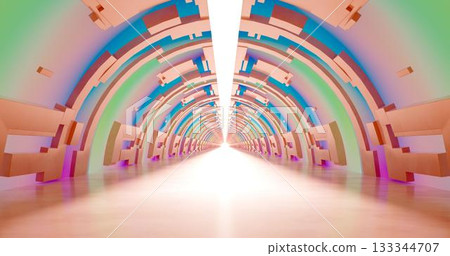 3d rendering. A corridor made of light marble with decorative elements on the wall extending into the distance. 3d rendering. A corridor made of light marble with decorative elements on the wall extending into the distance. 133344707