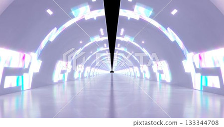 3d rendering. A corridor made of light marble with decorative elements on the wall extending into the distance. 3d rendering. A corridor made of light marble with decorative elements on the wall extending into the distance. 133344708
