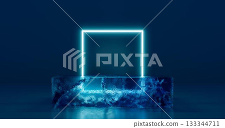 3D rendering. A podium or stand made of a solid piece of rectangular blue ice on a dark background in neon light. Background for the studio. 133344711