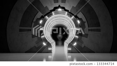 3d rendering. A row of futuristic sci-fi arches with white neon lighting in a dark marble hall. 3d rendering. A row of futuristic sci-fi arches with white neon lighting in a dark marble hall. 133344714