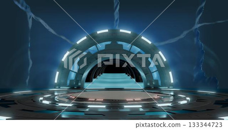 3d rendering. Empty light studio room futuristic Sci Fi big hall room with lights white, Future background for design. 3d rendering. Empty light studio room futuristic Sci Fi big hall room with lights white, Future background for design. 133344723