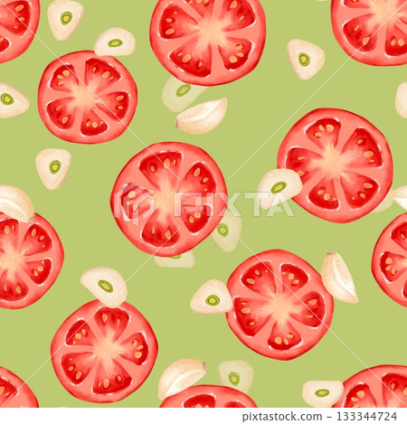 Seamless pattern Illustration with hand-drawn red tomato slices and garlic cloves on light green background 133344724