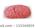 Minced raw meat in white container. Ingredient for cooking meat dishes. Isolate on a white background. 133344859