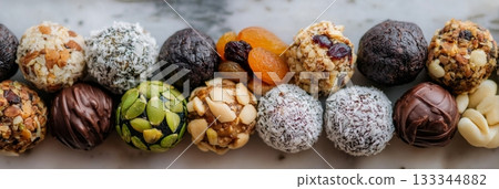 Various healthy snacks featuring energy balls and dried fruits ready for a plant-based challenge in January, promoting wellness 133344882