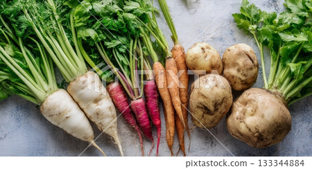 Bright fresh herbs and root vegetables fill the scene, showcasing a colorful mix perfect for plant-based meals this January 133344884