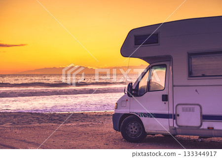 Camper rv on beach seashore 133344917