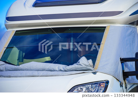 Caravan with thermal screen blind outdoors 133344948