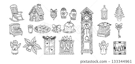 Hand drawn Christmas elements with gingerbread cookies, fireplace, ornaments, gifts, angels and cozy holiday decorations sketch illustration 133344961