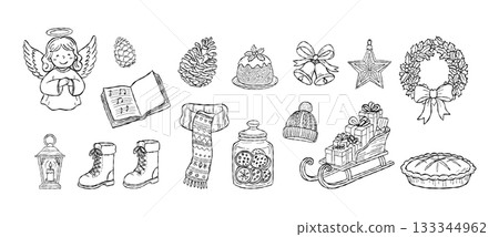 Hand drawn Christmas elements with angel, wreath, sleigh, cookies, winter clothing and festive decorations. Cozy holiday sketch illustration 133344962