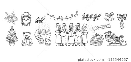 Hand drawn Christmas elements with carolers, tree, gifts, sleigh, holly, ornaments, lights and cozy winter holiday sketch illustration Hand drawn Christmas elements with carolers, tree, gifts, sleigh, holly, ornaments, lights and cozy winter holiday sketch illustration 133344967
