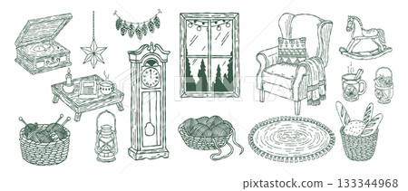 Whimsical christmas holiday winter line hand drawing with sketch doodle decoration set, vintage armchair grandfather clock and cozy home graphic element vector illustration 133344968