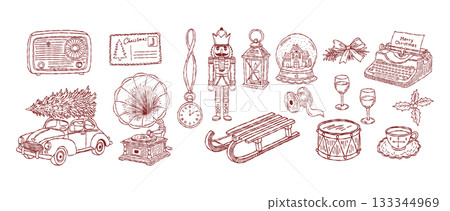 Whimsical christmas holiday winter line hand drawing. Sketch doodle decoration set with vintage car, typewriter and festive graphic element vector illustration Whimsical christmas holiday winter line hand drawing. Sketch doodle decoration set with vintage car, typewriter and festive graphic element vector illustration 133344969