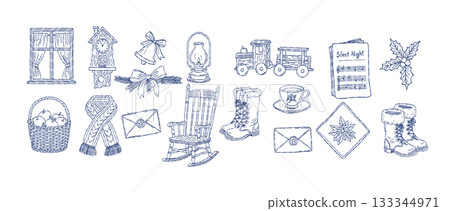 Christmas cozy winter holiday decoration set, vintage rocking chair, toy train and cuckoo clock whisimal line art elements vector illustration Christmas cozy winter holiday decoration set, vintage rocking chair, toy train and cuckoo clock whisimal line art elements vector illustration 133344971
