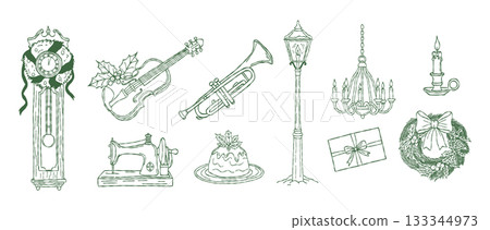 Whimsical christmas holiday winter line hand drawing, Minimal sketch doodle decoration set, vintage musical instrument, violin, trumpet, grandfather clock and sewing machine vector illustration 133344973