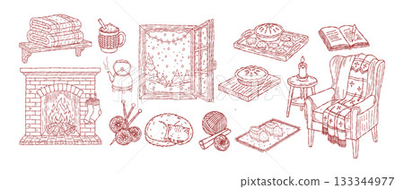 Whimsical christmas holiday winter line hand drawing, sketch doodle decoration set, cozy home, fireplace, armchair, sleeping cat, knitting and window view vector illustration Whimsical christmas holiday winter line hand drawing, sketch doodle decoration set, cozy home, fireplace, armchair, sleeping cat, knitting and window view vector illustration 133344977