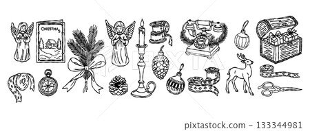 Whimsical christmas holiday winter line hand drawing with sketch doodle decoration set, vintage angel reindeer, festive graphic element vector illustration Whimsical christmas holiday winter line hand drawing with sketch doodle decoration set, vintage angel reindeer, festive graphic element vector illustration 133344981