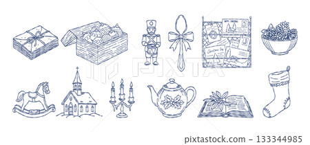 Whimsical christmas holiday winter line hand drawing, sketch doodle decoration set, vintage nutcracker rocking horse and festive graphic element vector illustration Whimsical christmas holiday winter line hand drawing, sketch doodle decoration set, vintage nutcracker rocking horse and festive graphic element vector illustration 133344985