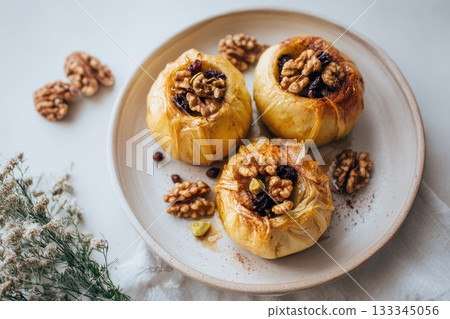 Baked Apples Wrapped in Golden Pastry Filled with Walnuts Gourmet Dessert Food Photography 133345056