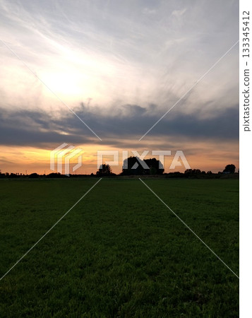 Dramatic Sunset Over Green Field with Silhouetted Trees. Stunning sunset with warm orange and pink sky over vast green field. Dark silhouettes of trees and dramatic clouds on horizon. 133345412