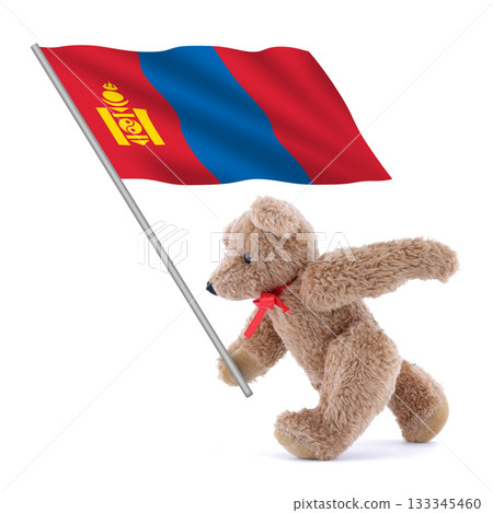 Mongolia flag being carried by a cute teddy bear Mongolia flag being carried by a cute teddy bear 133345460