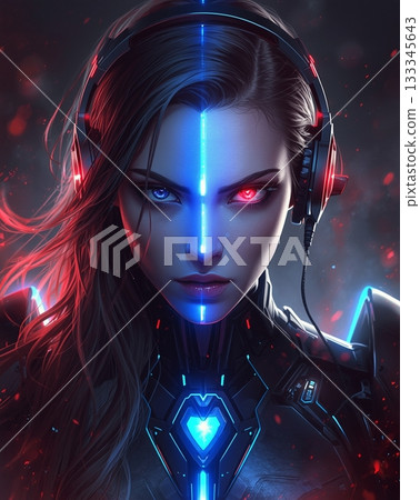 Mysterious red and blue shining cyborg beauty Mysterious red and blue shining cyborg beauty 133345643