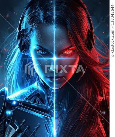 Mysterious red and blue shining cyborg beauty 133345644