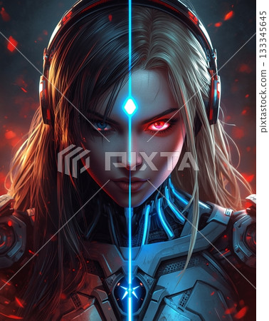 Mysterious red and blue shining cyborg beauty Mysterious red and blue shining cyborg beauty 133345645