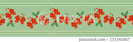 Green Christmas holiday concept seamless border pattern with red bows, striped candy canes with holly berries. Festive vintage style vector illustration 133345667
