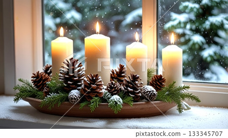 A festive arrangement of candles surrounded by pinecones and greenery on a windowsill, evoking warmth and holiday spirit during a serene snowy evening A festive arrangement of candles surrounded by pinecones and greenery on a windowsill, evoking warmth and holiday spirit during a serene snowy evening 133345707
