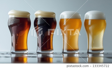 A row of four glasses filled with different kinds of beer, showcasing a range of colors from dark amber to light yellow, each topped with frothy foam against a soft background A row of four glasses filled with different kinds of beer, showcasing a range of colors from dark amber to light yellow, each topped with frothy foam against a soft background 133345722