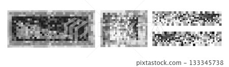 Censorship texture and gray pixel mosaic backgrounds. Checkered patterns hide text, image, or other prohibited privacy content. Vector graphic illustration with censor blur pattern for protection and 133345738