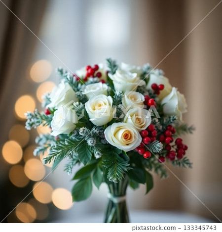 A stunning bouquet of white roses, accented with greenery and red berries, highlights elegance and charm, perfect for celebrations or decor in a warm, cozy atmosphere A stunning bouquet of white roses, accented with greenery and red berries, highlights elegance and charm, perfect for celebrations or decor in a warm, cozy atmosphere 133345743