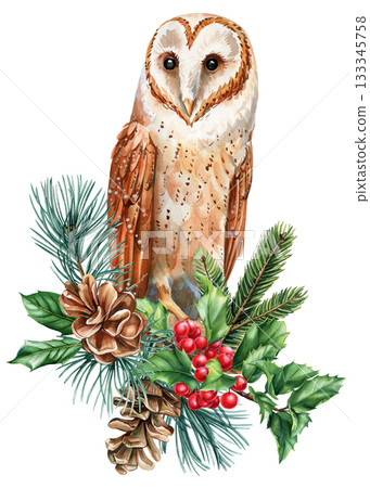 Burrowing Owl with Pinecones and Holly Berries Watercolor Illustration, Wildlife bird with green leaves, forest plants 133345758