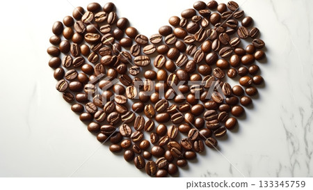 Coffee beans are artfully arranged in the shape of a heart on a marbled surface, symbolizing love for coffee and its comforting yet energizing essence Coffee beans are artfully arranged in the shape of a heart on a marbled surface, symbolizing love for coffee and its comforting yet energizing essence 133345759