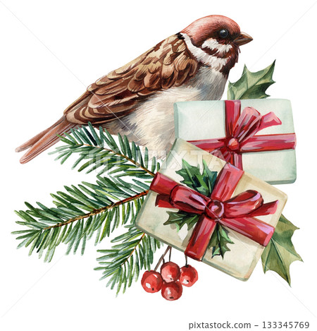 Watercolor sparrow with winter gifts holly berries fir branches red ribbon presents seasonal botanical illustration Watercolor sparrow with winter gifts holly berries fir branches red ribbon presents seasonal botanical illustration 133345769