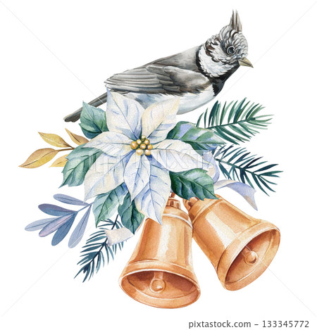Watercolor songbird with white poinsettia golden bells fir branches berries winter floral decorative illustration Watercolor songbird with white poinsettia golden bells fir branches berries winter floral decorative illustration 133345772